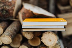 Several books on a stack of cut timber representing resources